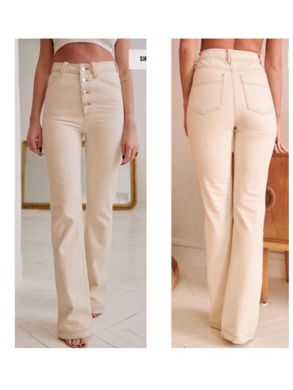 Sezane Justin Cream Straight Leg High Waist Trouser Jeans Button Fly - 46/ US 4